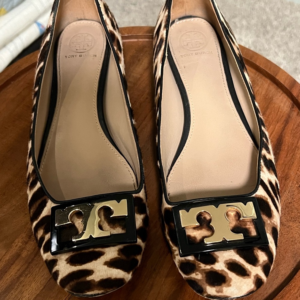 Tory Burch Animal Print Flats with Gold Accent